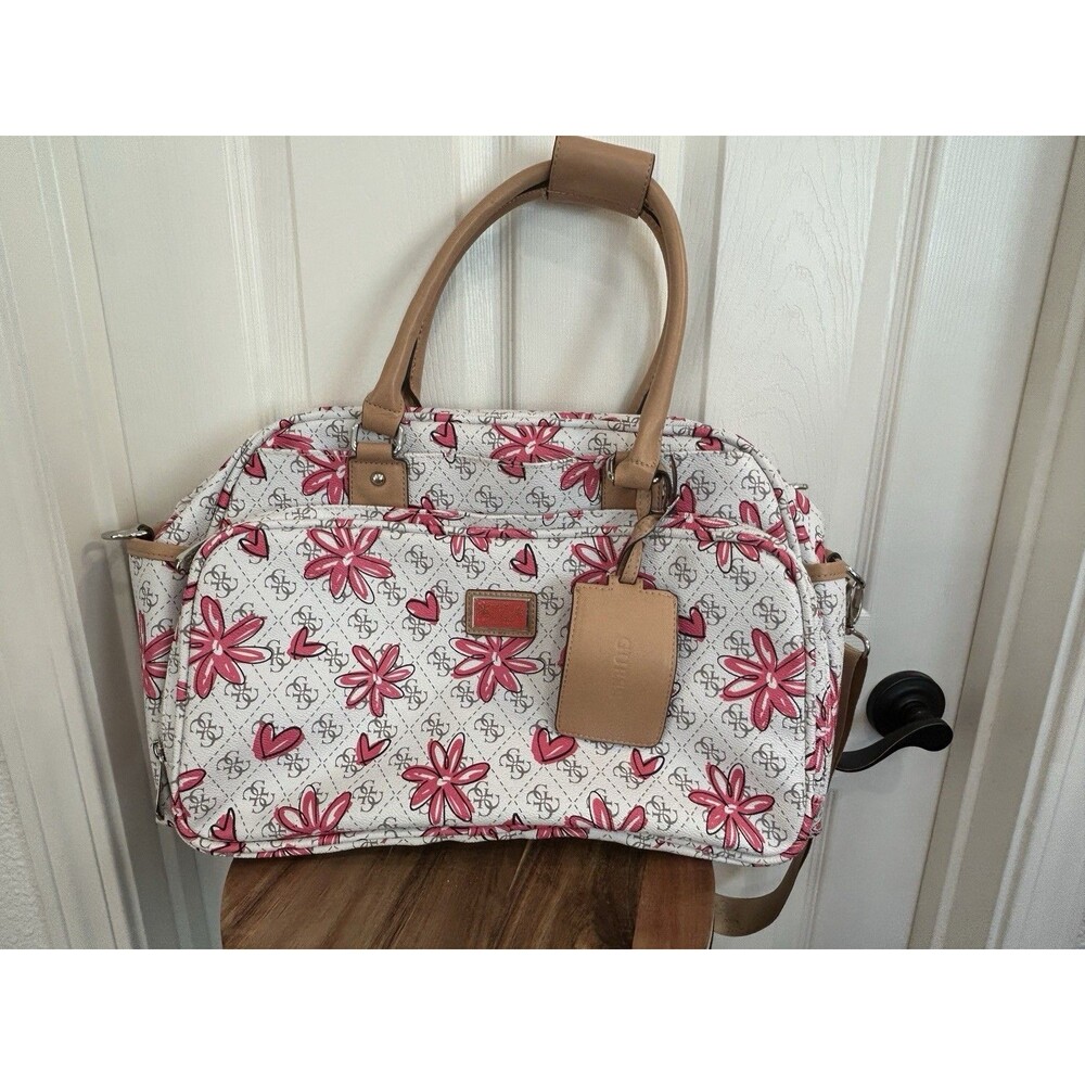 Guess Women's White Pink Floral Print Logo Weekender Duffel Overnight Bag 15x11